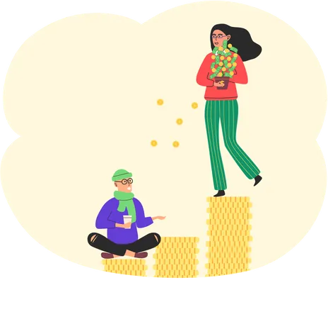 Rich happy woman scatter money poor male beggar begging on street  Illustration