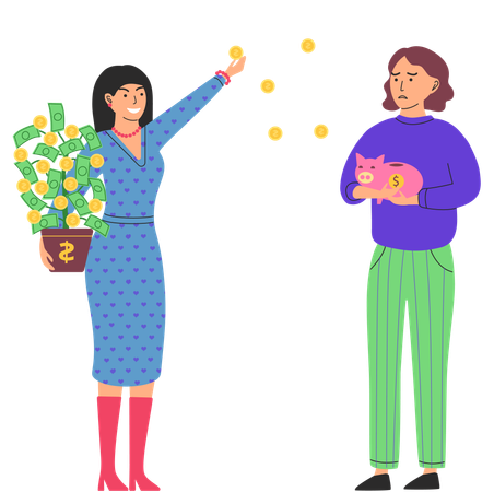 Rich happy woman scatter money to poor girl puts coins in piggy bank  Illustration