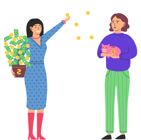 Rich happy woman scatter money to poor girl puts coins in piggy bank  Illustration