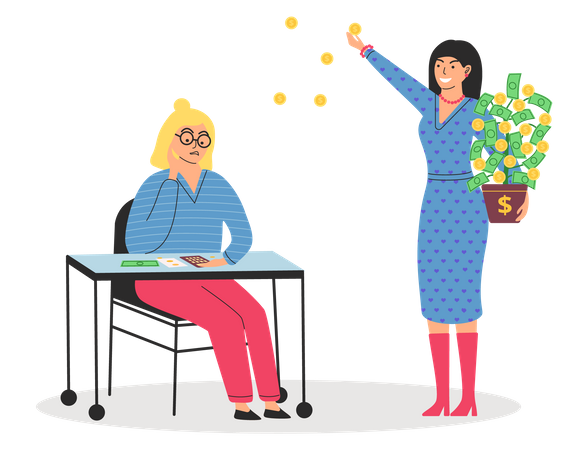 Rich happy woman scatter money while poor woman counts savings on calculator  Illustration