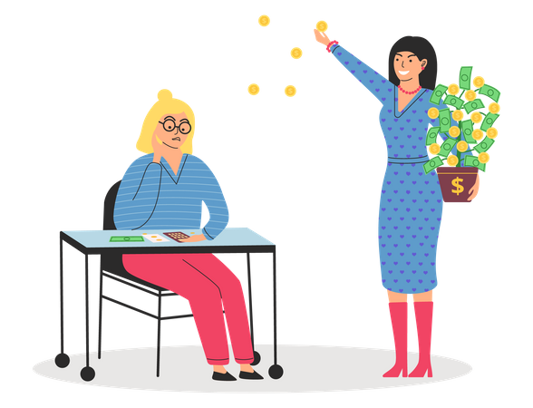 Rich happy woman scatter money while poor woman counts savings on calculator Illustration