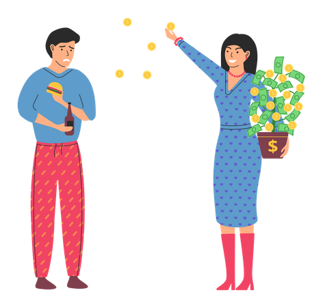 Rich happy woman scatter money while unhappy poor man eats cheap fast food Illustration