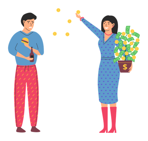 Rich happy woman scatter money while unhappy poor man eats cheap fast food  Illustration