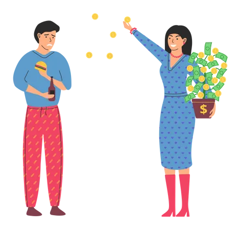 Rich happy woman scatter money while unhappy poor man eats cheap fast food  Illustration