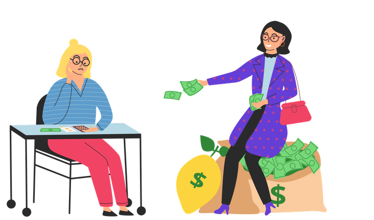 Rich happy woman sits on money bag  Illustration