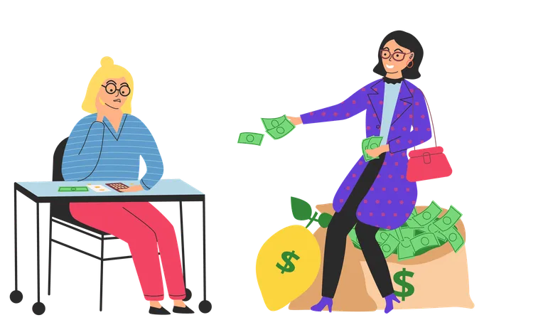 Rich happy woman sits on money bag  Illustration