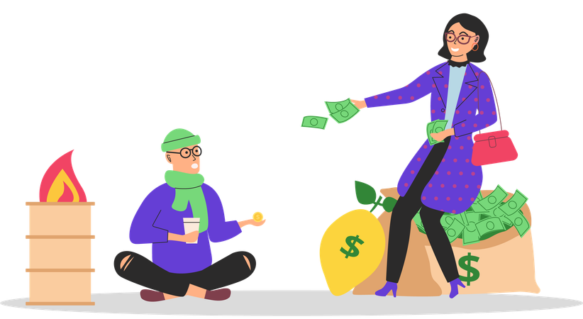 Rich happy woman sitting on money bag  Illustration