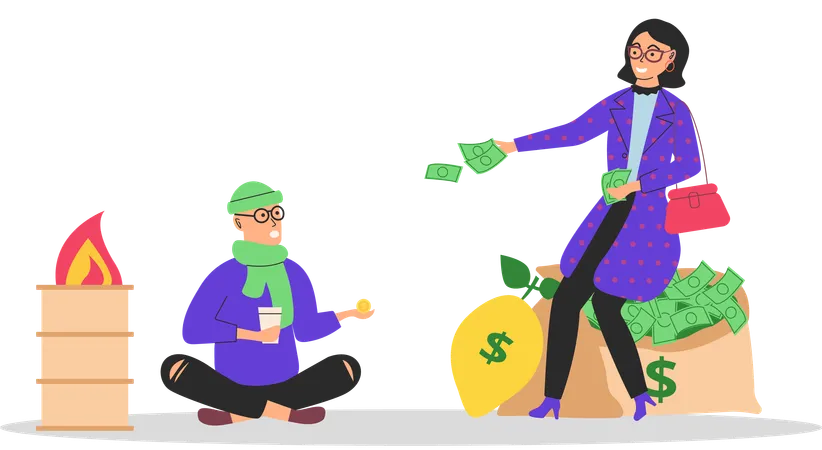 Rich happy woman sitting on money bag  Illustration