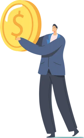 Successful Tiny Business Man Holding Huge Gold Coin Character With Money Cash Rich Businessman Making Savings Financial Profit Salary Wealth Increasing Capital Cartoon Vector Illustration Illustration