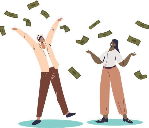 Rich Man And Woman Standing Under Money Rain Successful Rich Couple Throwing Banknotes Up Businessman And Businesswoman Financial Success Or Win Flat Vector Illustration Illustration