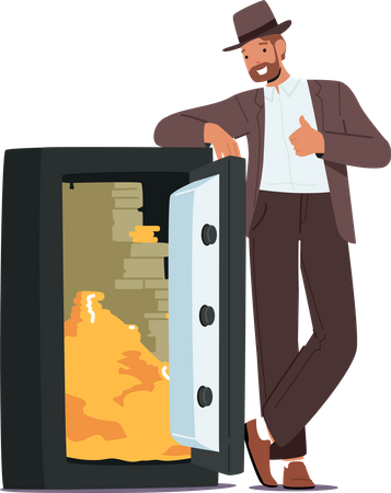 Rich Male Stand at Open Safe with Golden Coins and Dollar Stacks  Illustration