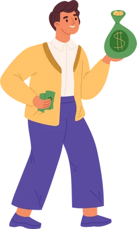 Rich Man Carry Money Bag Young Millionaire Holding Banknotes Pile Guy Get Salary Or Win Lottery Savings Investment Wages Concept Cartoon Flat Vector Illustration Illustration