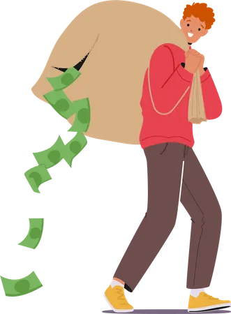 Rich Man Carry Torn Sack with Dollars Fall from Hole  Illustration