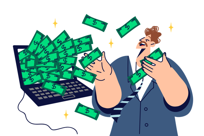 Rich man freelancer gets lot of money for working on internet  Illustration