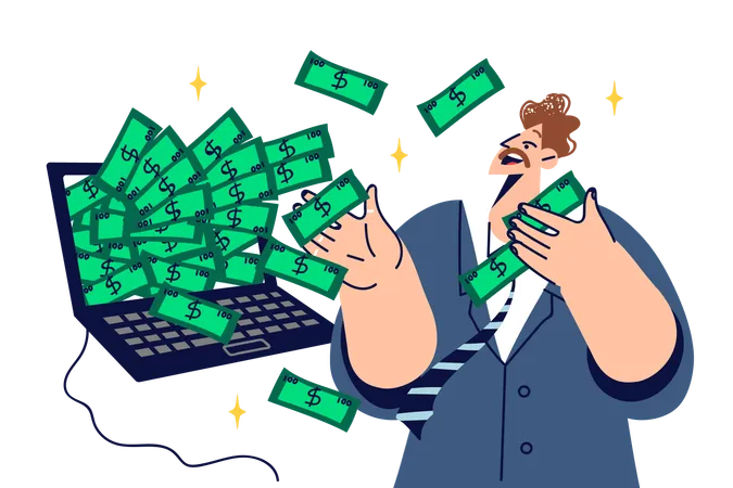 Rich Man Freelancer Gets Lot Of Money For Working On Internet Stands Near Laptop With Dollars Freelance Guy Earning Money From Cryptocurrency Trading Or Investing In Online Business Illustration