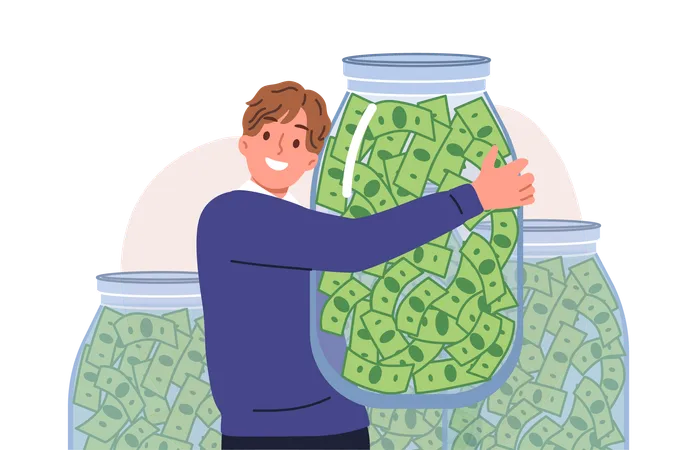 Rich man hugs jar of money rejoicing at accumulation in pension account and dividends receives  Illustration