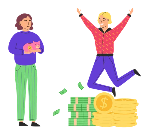 Rich man jumping and poor girl holding piggy bank Illustration