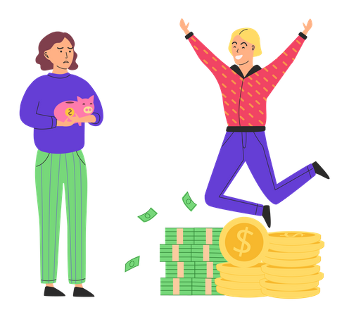 Rich man jumping and poor girl holding piggy bank  Illustration