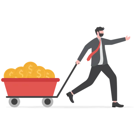 Success Investor Rich Man Making Money From Business Or Investment Income And Revenue Budget Saving Or Profit Concept Rich And Successful Businessman With Load Of Money Golden Coin In Cart Illustration