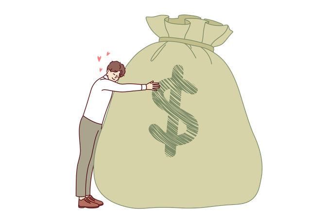 Rich man rejoices at having large savings thanks to hard work hugging bag money with dollar symbol  Illustration
