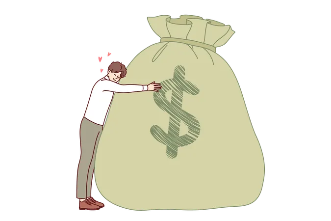 Rich Man Rejoices At Having Large Savings Thanks To Hard Work Hugging Bag Of Money With Dollar Symbol Rich Guy With Reserve Capital That Allows Him To Avoid Bankruptcy And Difficulties In Life Illustration