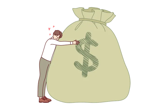 Rich man rejoices at having large savings thanks to hard work hugging bag money with dollar symbol  Illustration