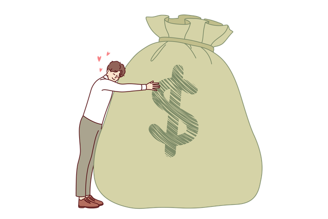 Rich man rejoices at having large savings thanks to hard work hugging bag money with dollar symbol  イラスト