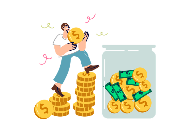 Rich man saves money by putting coins  Illustration