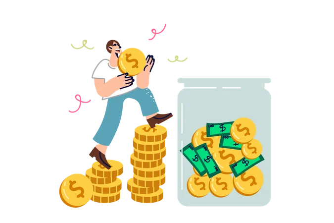 Rich Man Saves Money By Putting Coins In Transparent Jar To Accumulate Reserve Capital In Case Of Crisis Guy Investor Invests Money In Bank Account Or Deposit To Achieve Financial Security Illustration