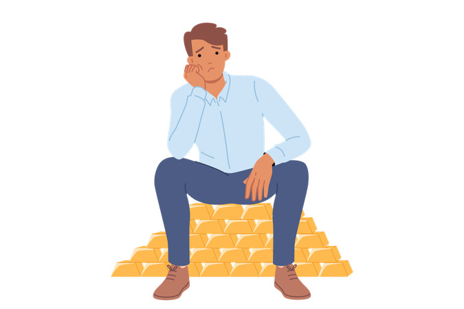 Rich man sits on gold bars and is sad due to lack of knowledge where to invest money  Illustration