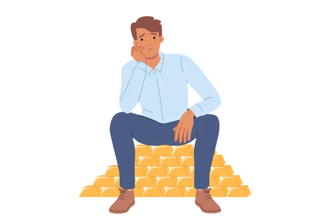 Rich man sits on gold bars and is sad due to lack of knowledge where to invest money  Illustration