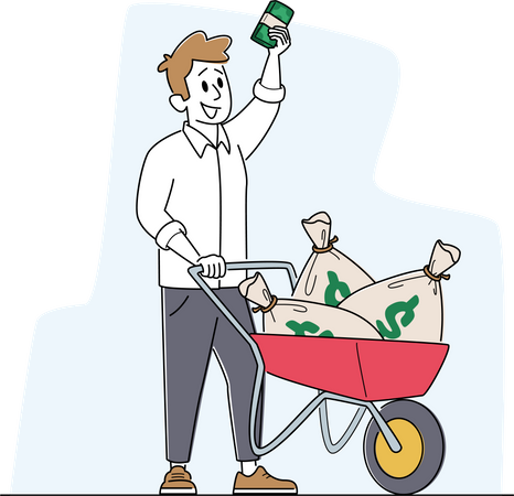 Rich Man with Wheelbarrow full of Dollar Sacks Illustration