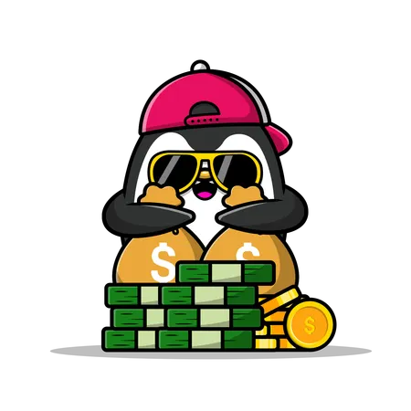 Rich Penguin Holding Money Bag  Illustration