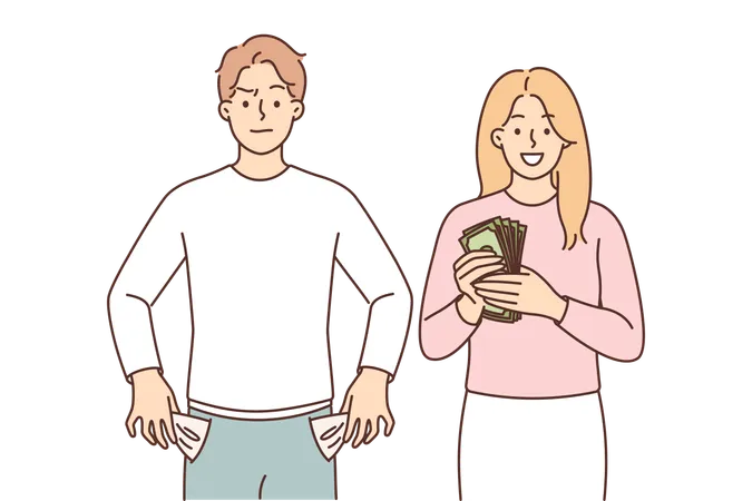 Rich Woman And Poor Man Symbolize Social Inequality Due To Lack Of Financial Literacy Guy With Empty Pockets Demonstrates Deficit Of Financial Savings Standing Near Girl With Money Illustration