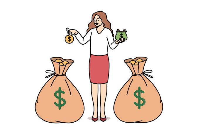 Rich woman distributes money between two bags of gold and accumulating capital for investment  Illustration