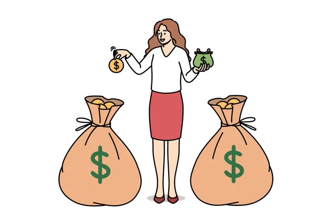 Rich woman distributes money between two bags of gold and accumulating capital for investment  Illustration