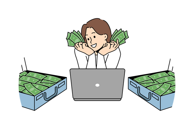 Rich woman freelancer with laptop and money in suitcases has earned lot thanks to work on internet  Illustration