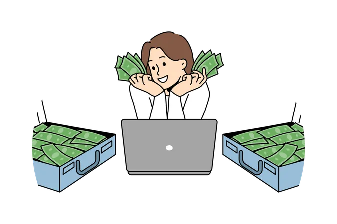 Rich woman freelancer with laptop and money in suitcases has earned lot thanks to work on internet  イラスト