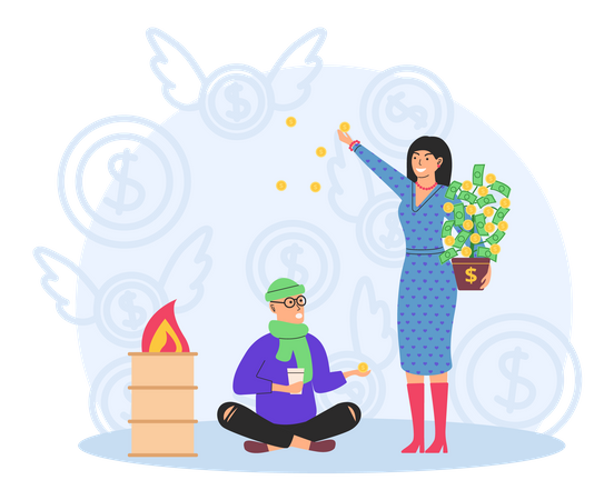 Rich woman giving cash to poor man  Illustration