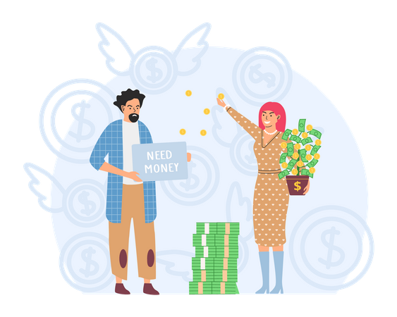 Rich woman giving money to needy  Illustration