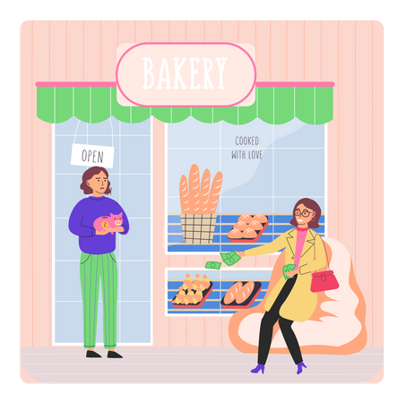 Rich woman giving money to poor bakery shop owner  Illustration