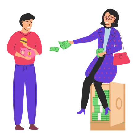 Rich woman giving money to poor man Illustration