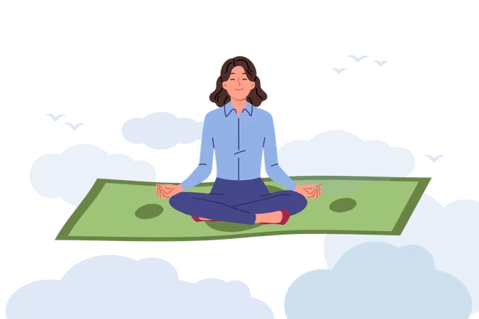 Rich woman meditates sitting on money and enjoying yoga class to increase income  Illustration