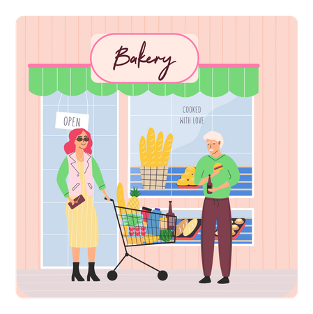 Rich woman shopping for grocery seeing poor old man  Illustration