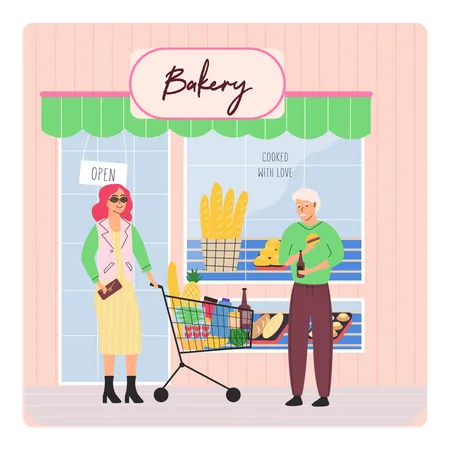 Rich woman shopping for grocery seeing poor old man  Illustration