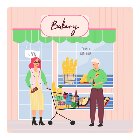 Rich woman shopping for grocery seeing poor old man  Illustration