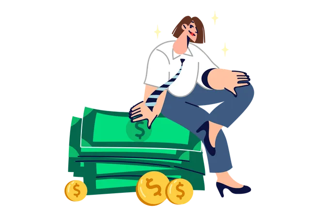 Rich Woman Sits On Stack Of Money Earned In Business Or From High Paying Job And Thinks About Where To Invest Money Successful Lady With Large Reserve Capital Feels Financially Secure Illustration