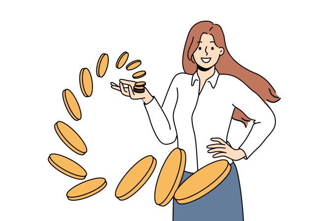 Rich woman stands among flying coins falling into hand on own  Illustration