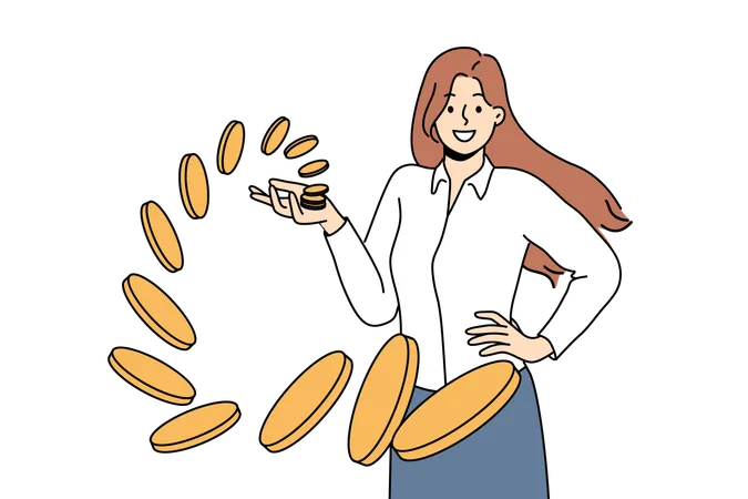 Rich Woman Stands Among Flying Coins Falling Into Hand On Their Own For Concept Of Easy Money Businesswoman Gets Easy Money Thanks To Professional Skills And Leadership Qualities Illustration