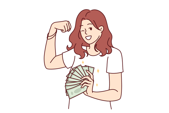 Rich woman with cash money in hands  Illustration